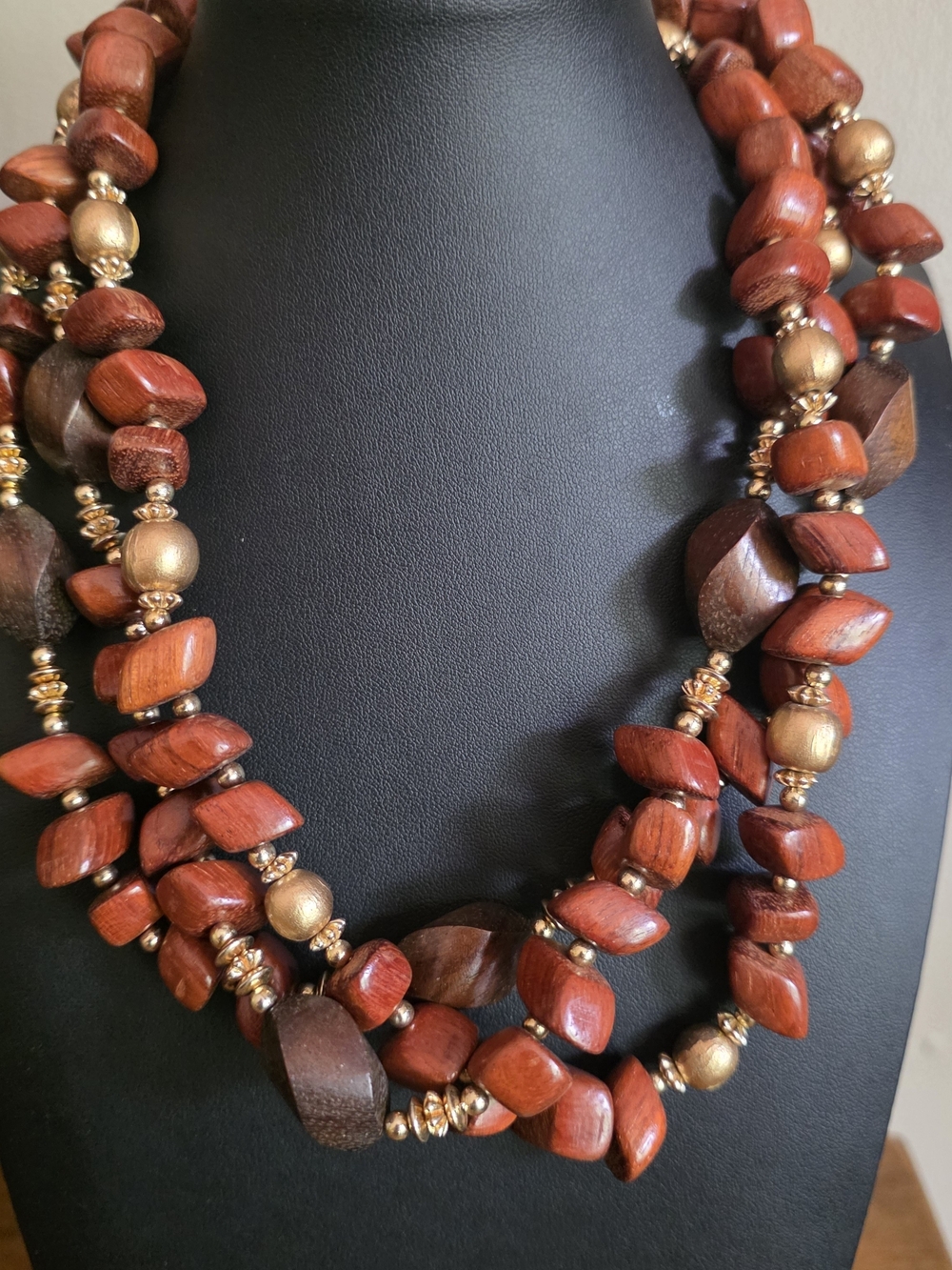 Handcrafted Red Wood & Gold Bead Statement Necklace -Earthy · Warm · Boho ·
